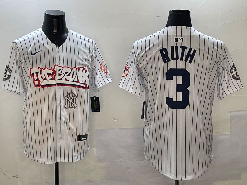 Men New York Yankees 3 Ruth White Stripe four generations Joint Name 2025 Nike MLB Jersey style 8